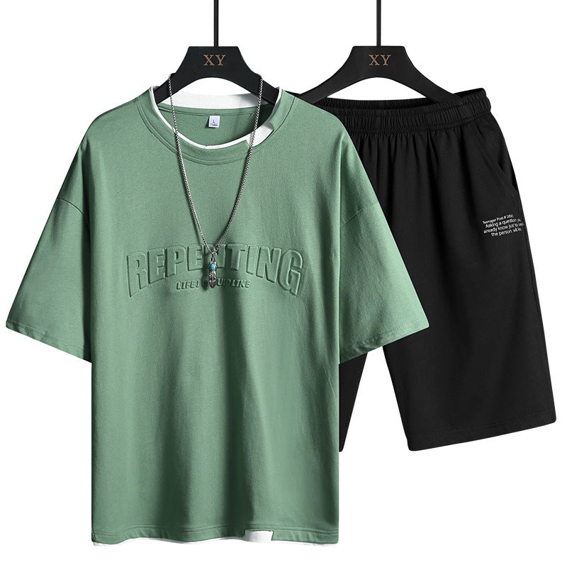 Men's Crew Neck Colorblock Letter T-Shirt Short Sleeve Set