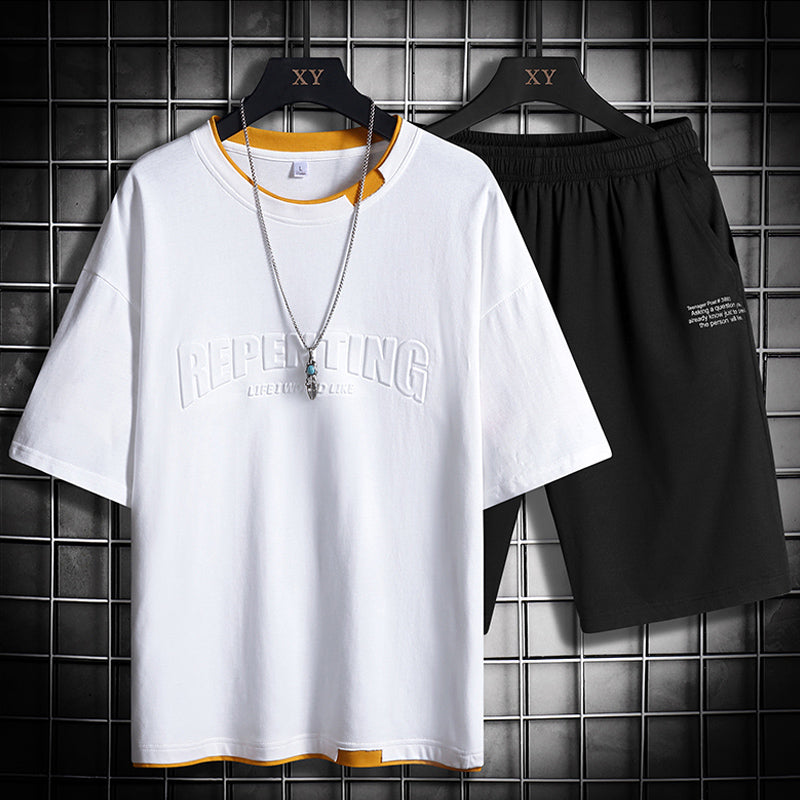 Men's Crew Neck Colorblock Letter T-Shirt Short Sleeve Set