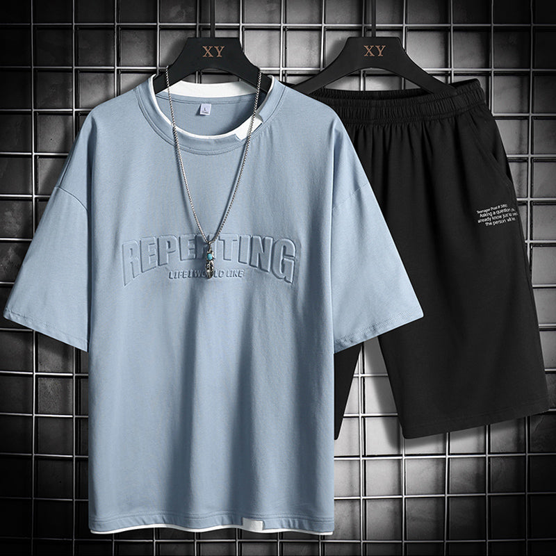 Men's Crew Neck Colorblock Letter T-Shirt Short Sleeve Set