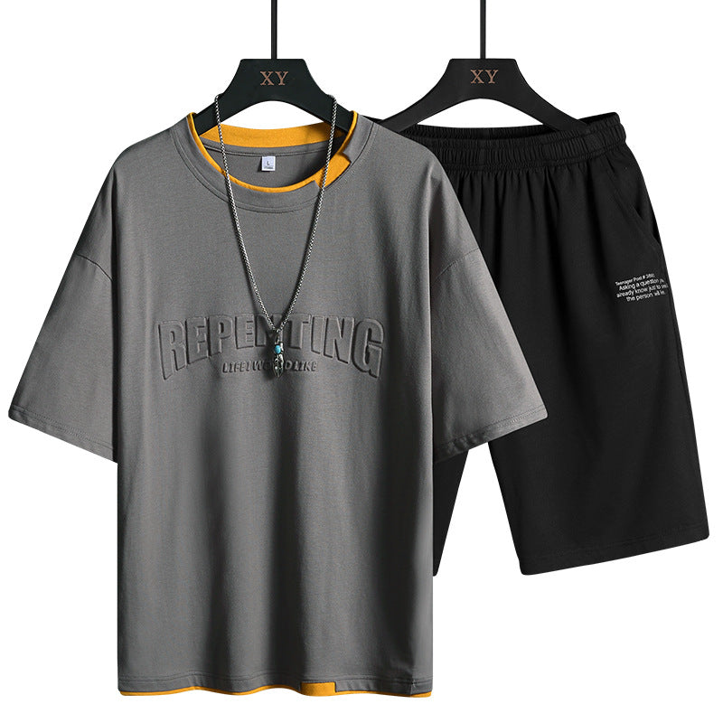 Men's Crew Neck Colorblock Letter T-Shirt Short Sleeve Set
