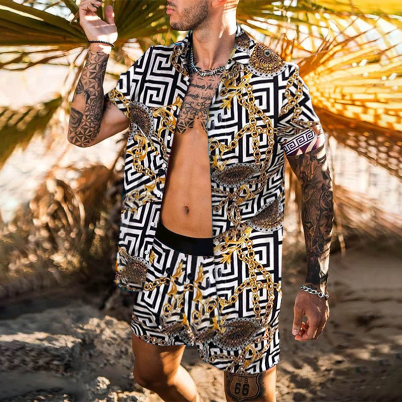 Men Shirt Print Short Sleeve Suit