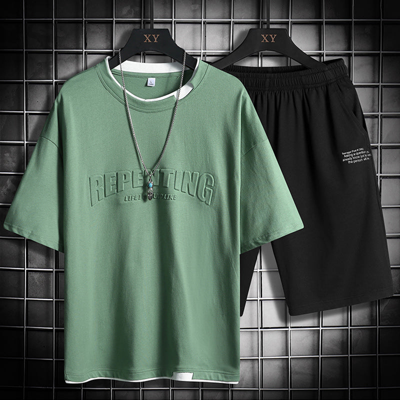 Men's Crew Neck Colorblock Letter T-Shirt Short Sleeve Set