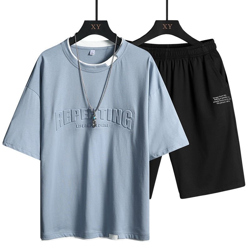 Men's Crew Neck Colorblock Letter T-Shirt Short Sleeve Set