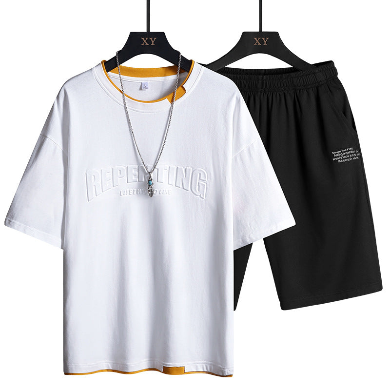 Men's Crew Neck Colorblock Letter T-Shirt Short Sleeve Set