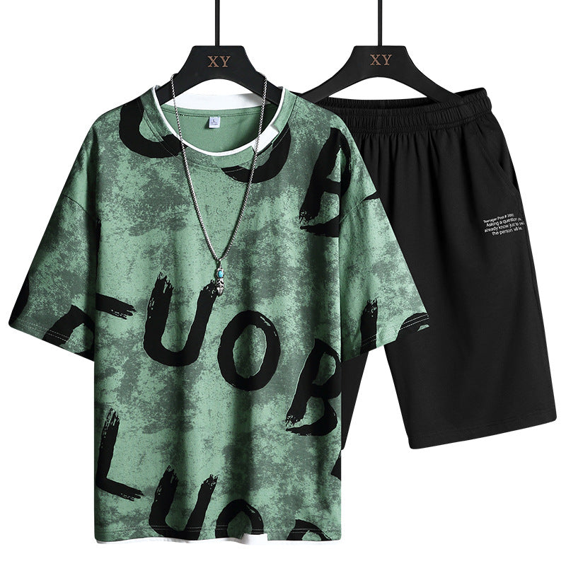 Crew Neck Colorblock Letters Short Sleeve T-Shirt Set Breathable Loose