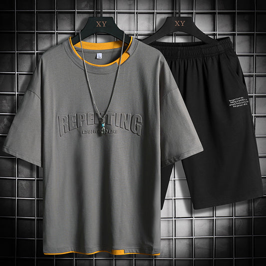 Men's Crew Neck Colorblock Letter T-Shirt Short Sleeve Set