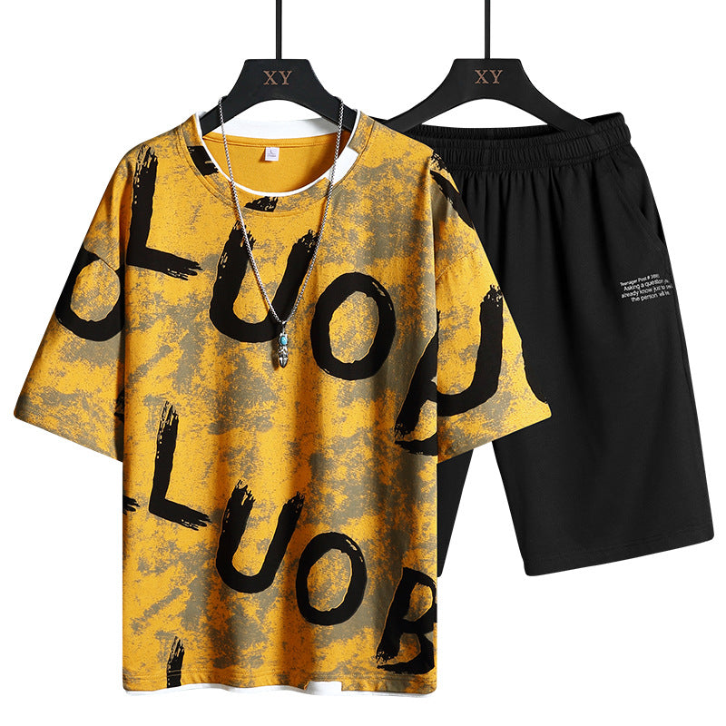 Crew Neck Colorblock Letters Short Sleeve T-Shirt Set Breathable Loose