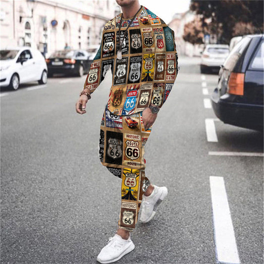 Men's 3D Digital Printing Long Sleeve Shorts Round Neck Suit