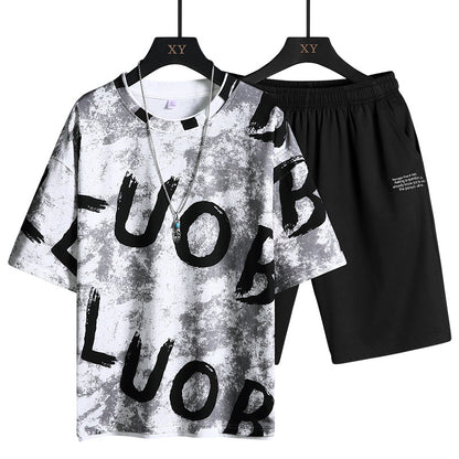 Crew Neck Colorblock Letters Short Sleeve T-Shirt Set Breathable Loose