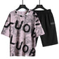 Crew Neck Colorblock Letters Short Sleeve T-Shirt Set Breathable Loose